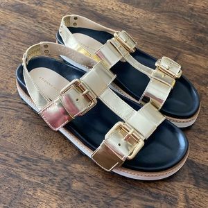 Etienne Aigner Axel gold with leather footbed double buckle Size 8.5